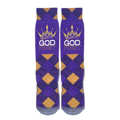 God First (Matthew 6:33) Bible verse crew socks by BibleSocks, view 1