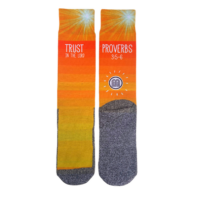 "Proverbs 3:5" Scripture Verse Religious Socks by BibleSocks featuring orange gradient pattern and "Trust in the Lord" text.
