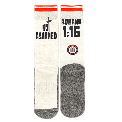 "Romans 1:16" Bible Verse Christian Socks by BibleSocks featuring red stripes and "Not Ashamed" text.