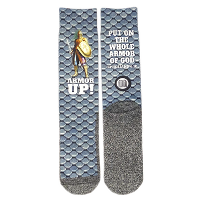 Armor of God themed Scripture Verse Bible Socks by BibleSocks featuring chainmail pattern and "Put on the whole armor of God" text.