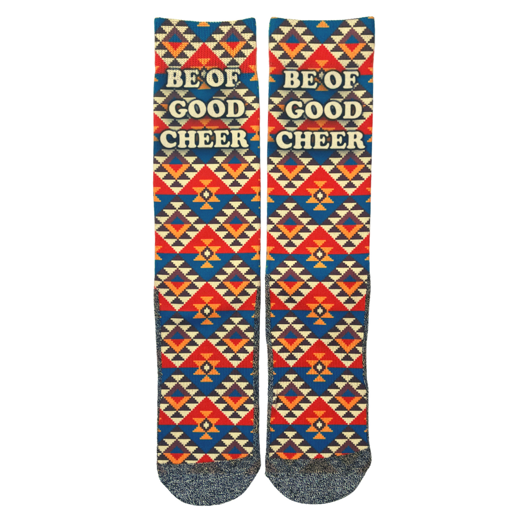 "Be Of Good Cheer" Bible themed Religious Socks by BibleSocks featuring argyle pattern and "Be of good cheer" text.