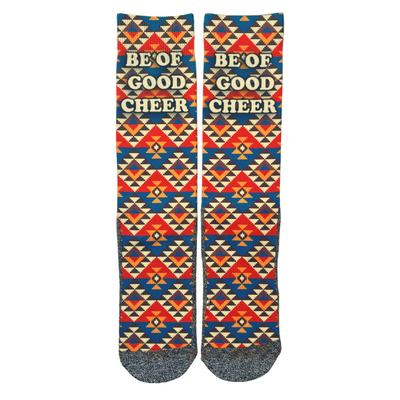 "Be Of Good Cheer" Bible themed Religious Socks by BibleSocks featuring argyle pattern and "Be of good cheer" text.