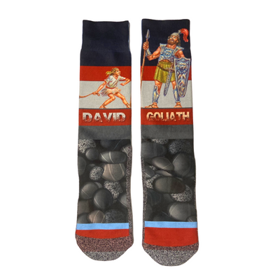 David & Goliath Scripture Themed Religious Socks by BibleSocks featuring stone pattern and David and Goliath illustrations.