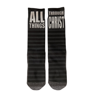 "Philippians 4:13" Christian Bible Verse Socks by BibleSocks featuring black stripes and "All Things Through Christ" text.