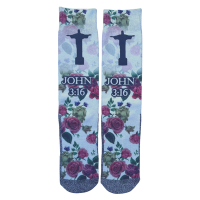 "John 3:16" Bible-verse socks by BibleSocks featuring roses and Christ the Redeemer Statue 